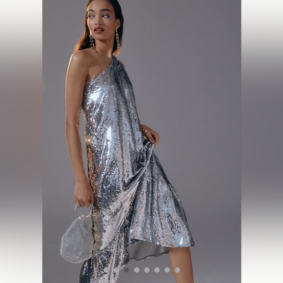 Maeve one shoulder silver sequin midi dress anthropologie sz large new nwt ✨ - Picture 5 of 14